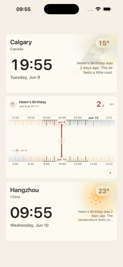Across Hours main screen with two places, local weather, and a shared timeline.