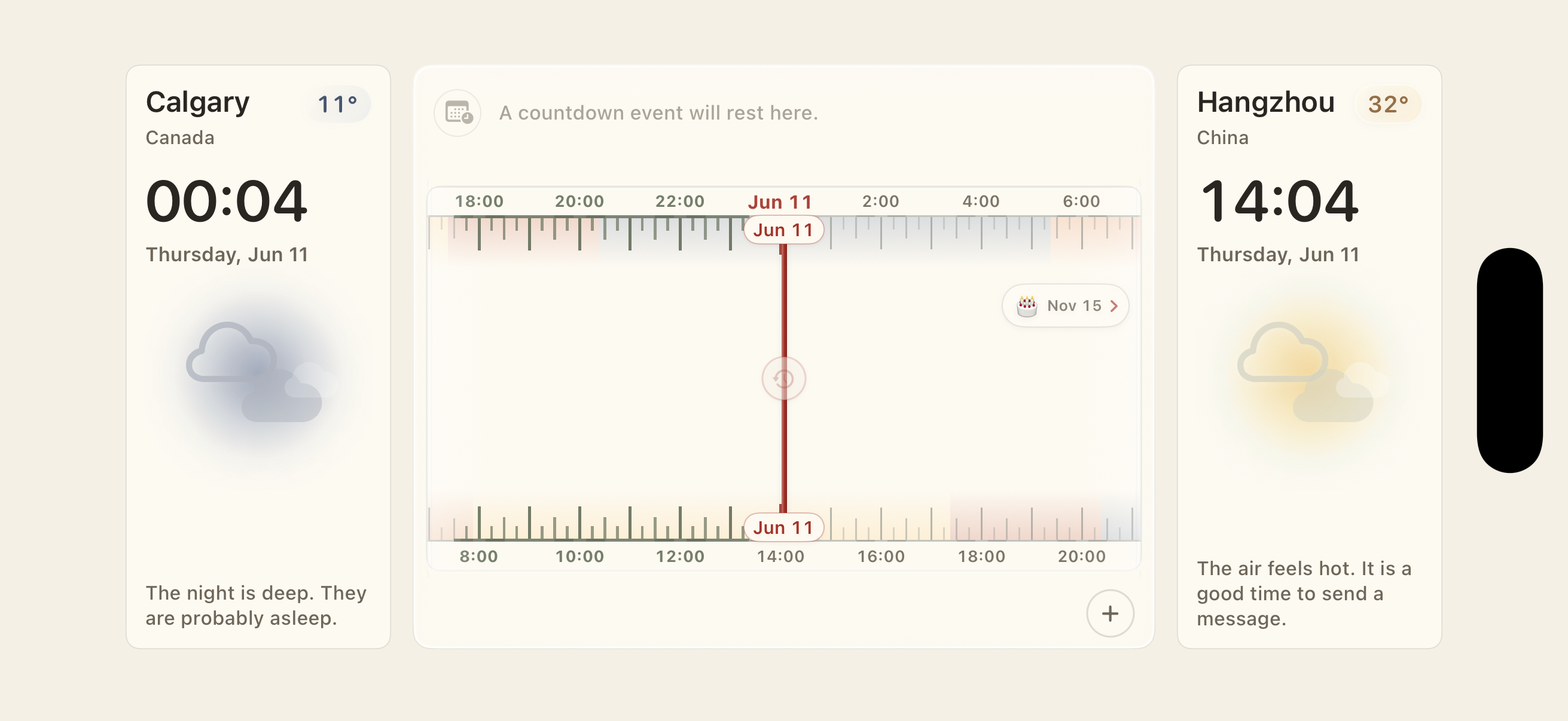Across Hours landscape interface with a wider timeline between two place cards.