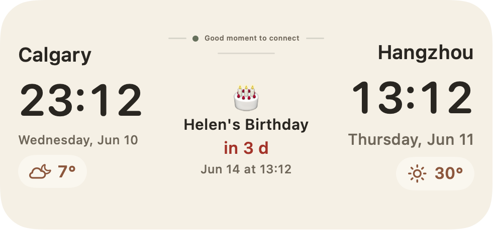 Across Hours medium widget preview showing two local times, weather, and a birthday countdown.