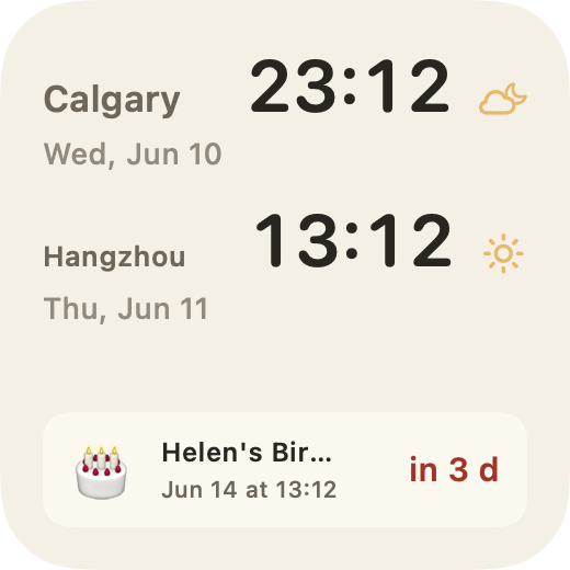 Across Hours small widget preview showing two local times, weather, and a birthday countdown.